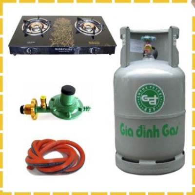 Trọn Bộ Bình Bếp Gas Đôi Mặt Kính Sunhouse Van Dây Khóa Tự Động 