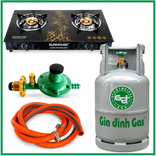 Trọn Bộ Bình Bếp Gas Đôi Mặt Kính Sunhouse Van Dây Khóa Tự Động 
