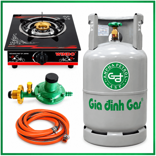 Trọn Bộ Bình Bếp Gas Đơn Mặt Kính Van Dây Khóa Gas Tự Động